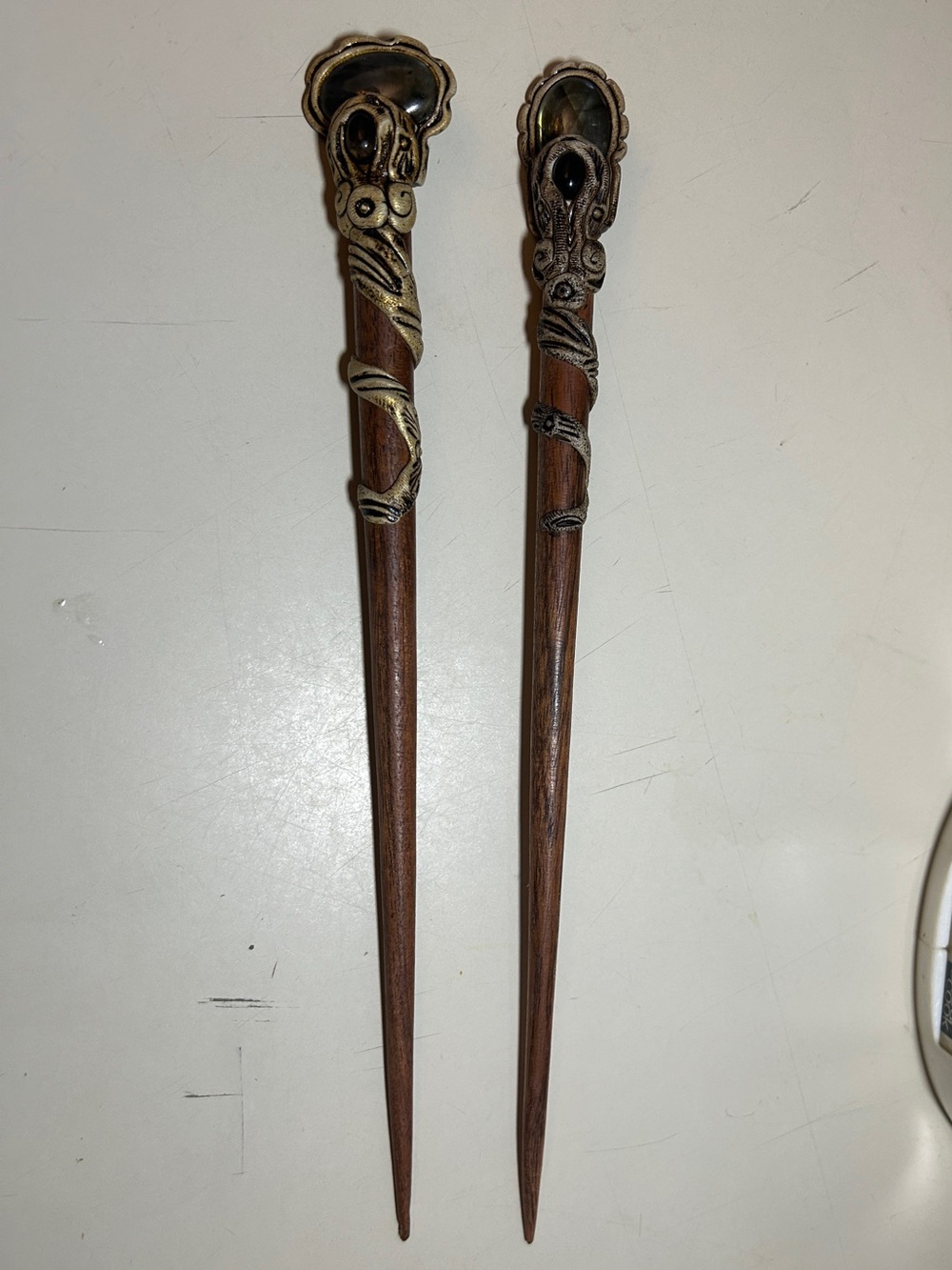 Crystal cabochon (Labradorite) Hair Sticks with Gold-Tone Accents - set of 2